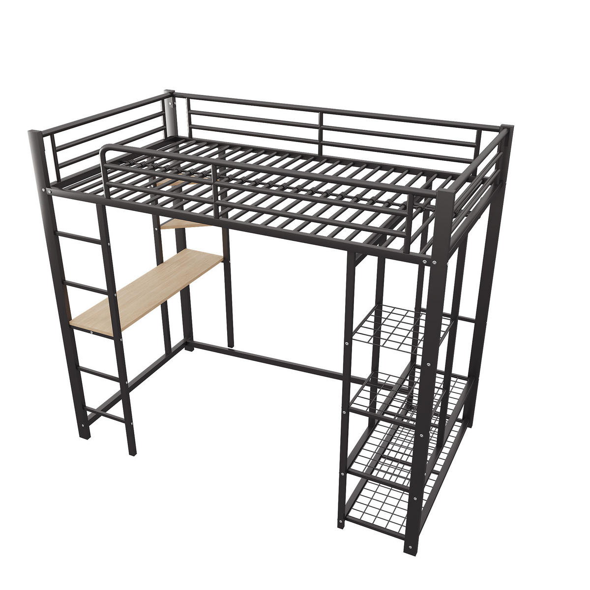 HOCHBETT mit Schreibtisch, Regalen und Stauraum - Schwarz, Holzwerkstoff/Metall - Urban Meuble