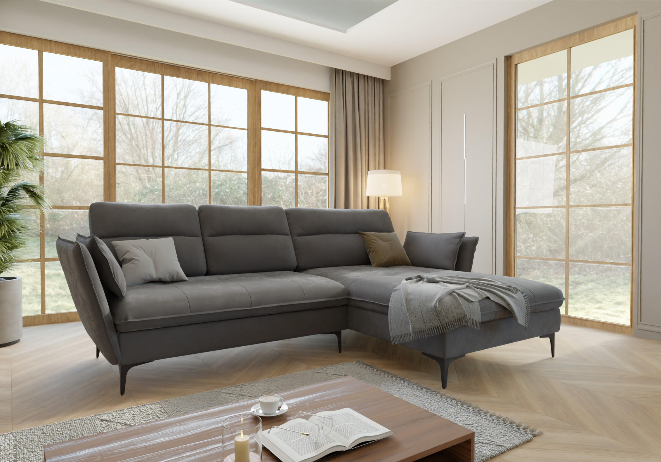 ECKSOFA Mira Grau Samt-Stoff - Schwarz/Grau, Textil/Metall (260/168cm) - S-Style Möbel