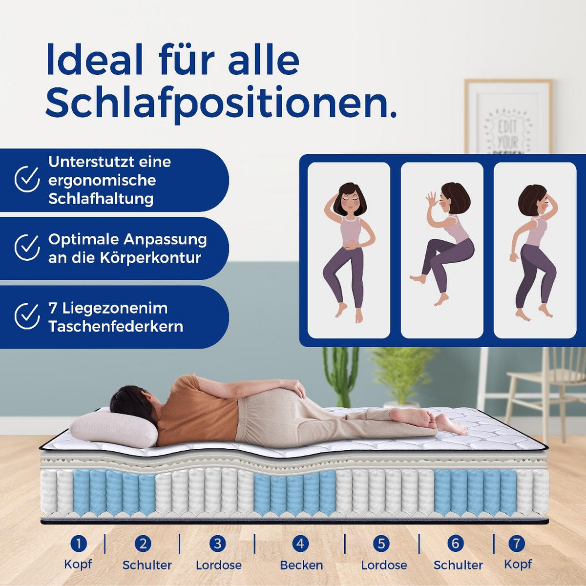 TASCHENFEDERKERNMATRATZE 7 Zonen, Härtegrad 3, Lyocell-Bezug, 120/200 cm - Weiß, Metall (120/200cm) - Rolipo