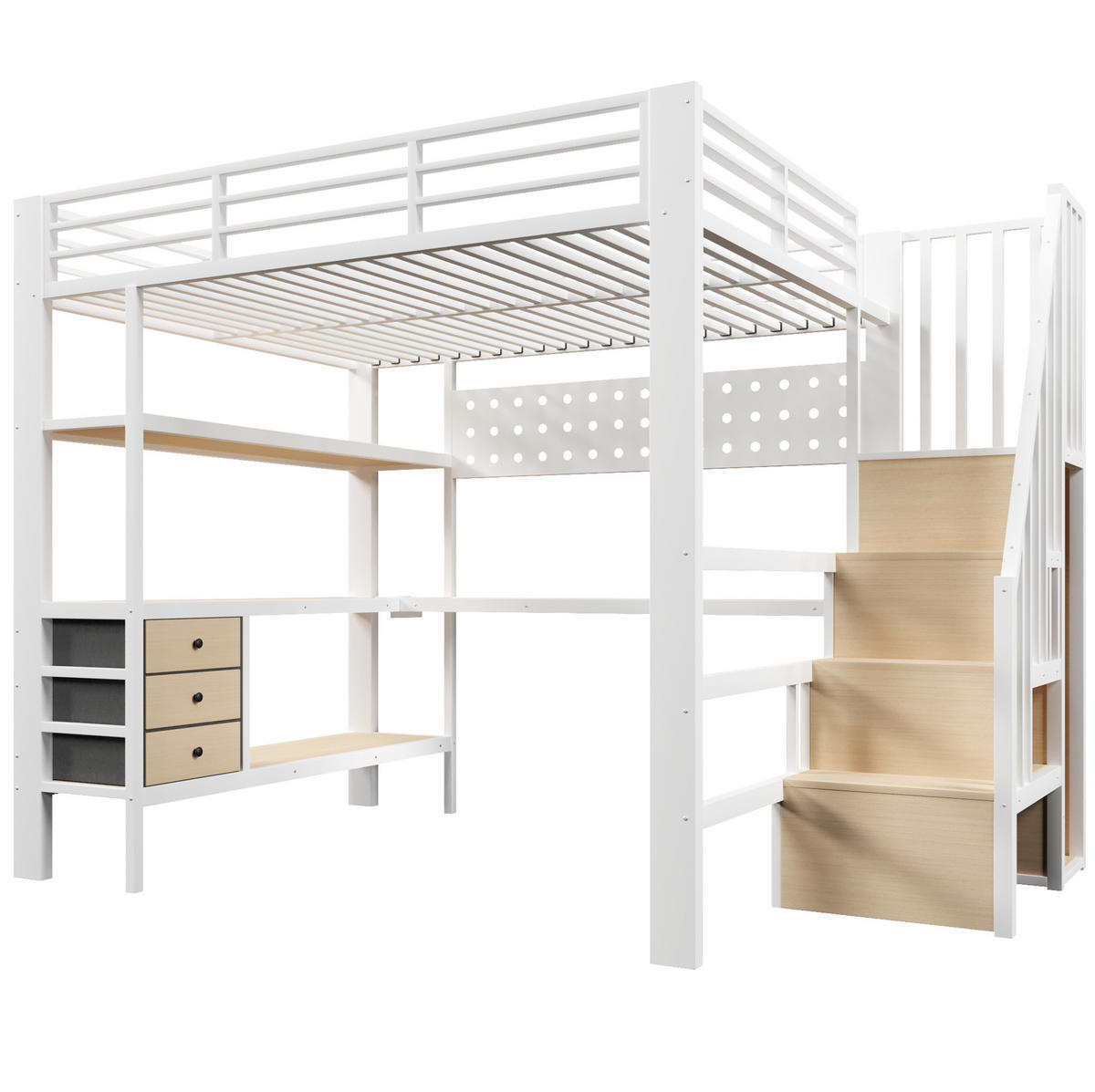 HOCHBETT 140/200 cm, Weiß mit Schubladen, Tisch, LED-Licht ohne Matratze - Weiß, Metall (140/200cm) - MIVRAY