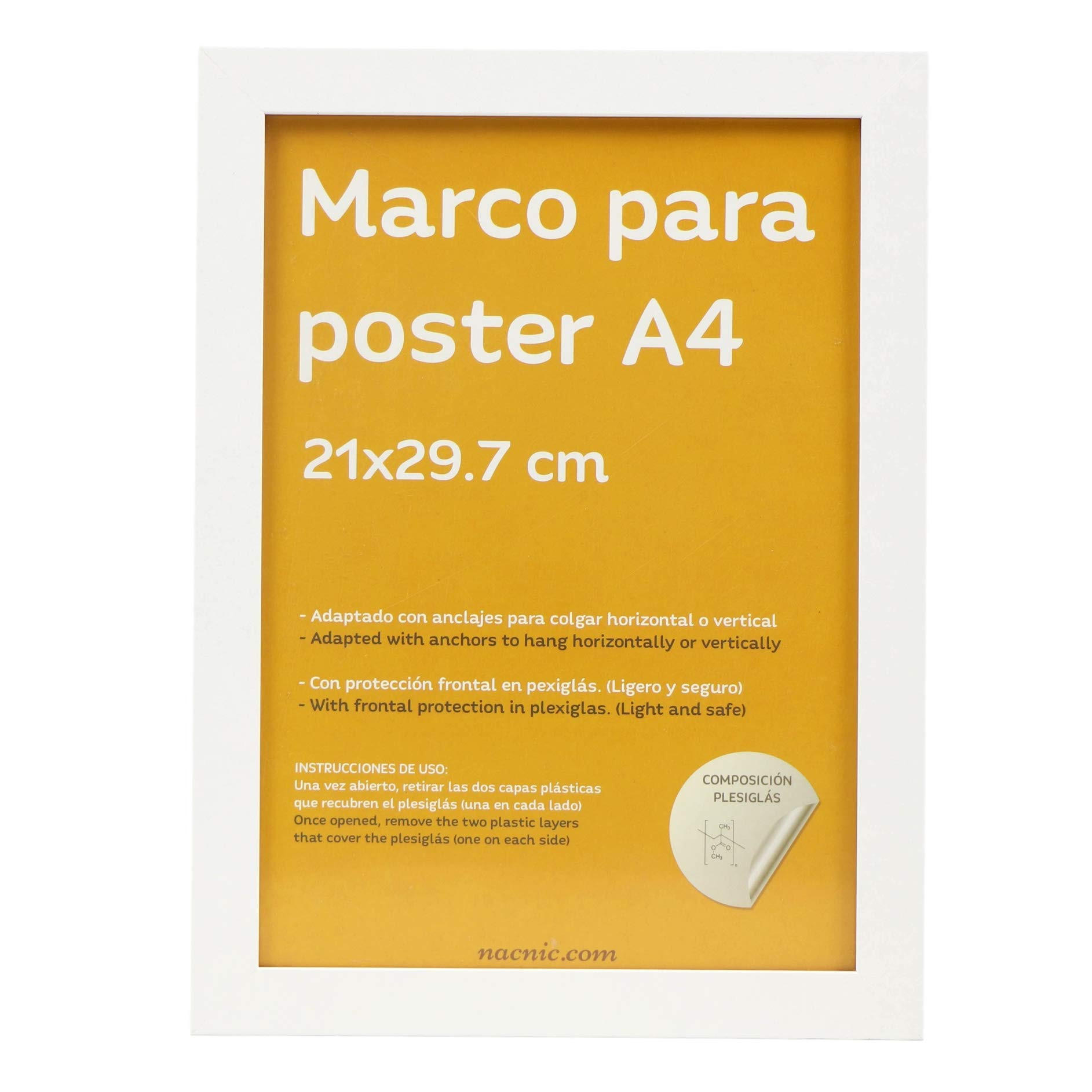 RAHMEN Set mit 4 aus MDF und Acrylglas Schutz und Aussteller für Fotografien, Bilder, Poster, Gemälde, Dekoration für Haus Farbe Weiß A4 - Weiß, Holz (21/3/29.7cm) - Nacnic