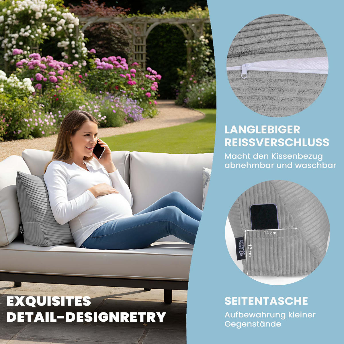 KEILKISSEN Frost Grey, 70/40/20 cm, Cord - Dunkelgrau, Textil (70/20cm) - Dreamroots