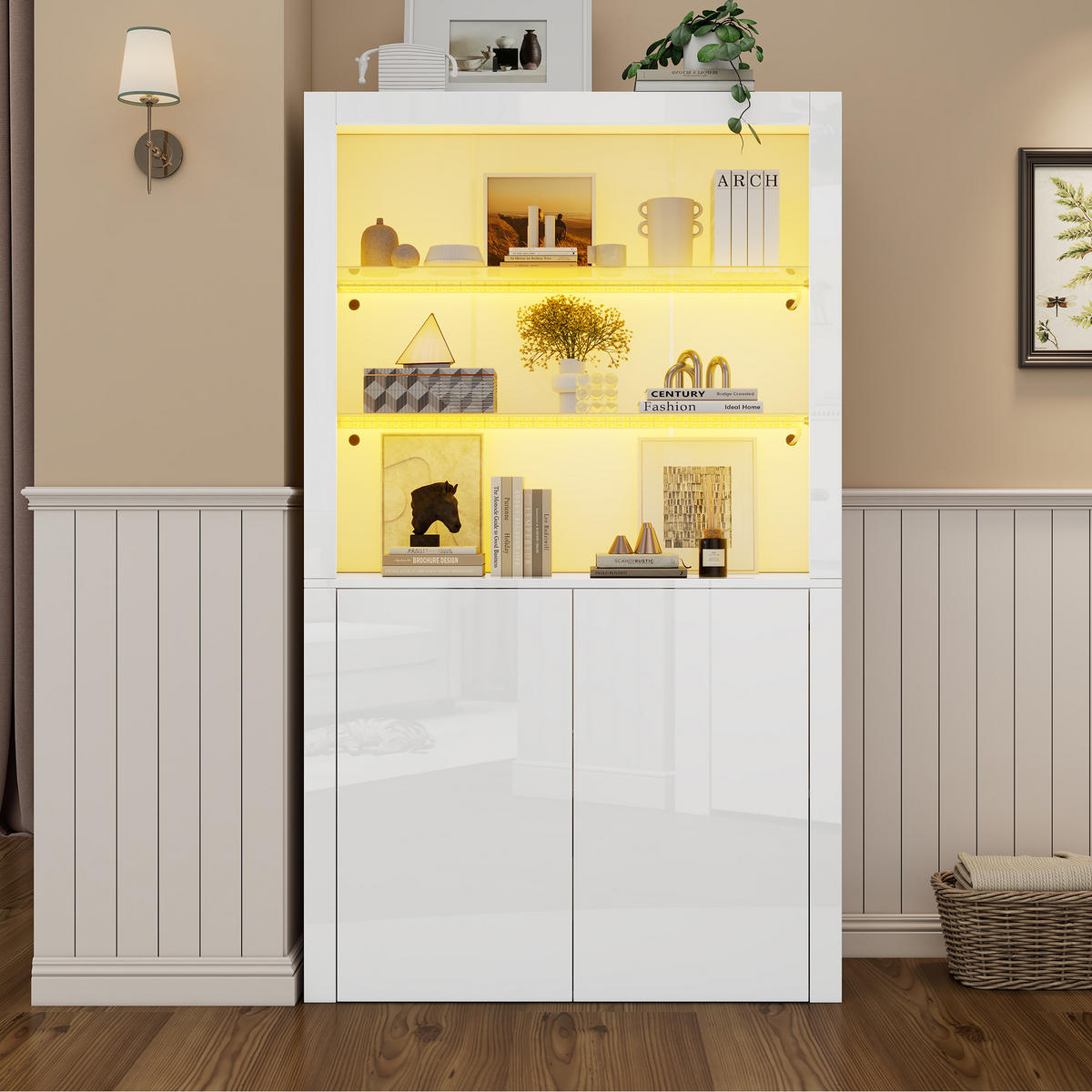 SIDEBOARD, LED, Glas, Hochschrank, Hochglanz, 100x35x170cm - Weiß, Holzwerkstoff (35/170/100cm) - FLIEKS