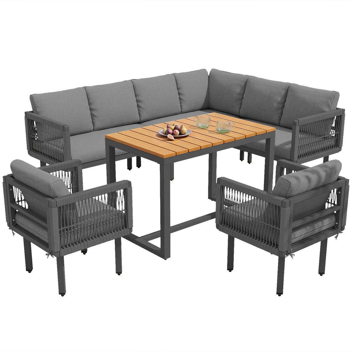 GARTENMÖBEL-SET 6-teiliges, Ecksofa mit 2 Sesseln & Tisch, wetterfestes Stahlgestell, Grey - Grau, Textil - Kaket