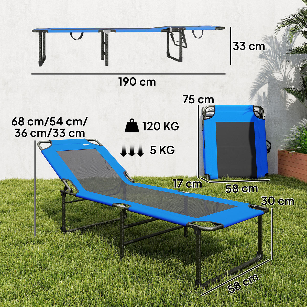 SONNENLIEGE Klappbare mit 4-fach verstellbarer Rückenlehne Griffen,120 kg 175x58x68 cm ,Blau - Blau, Metall (58/68/175cm) - Vallsero