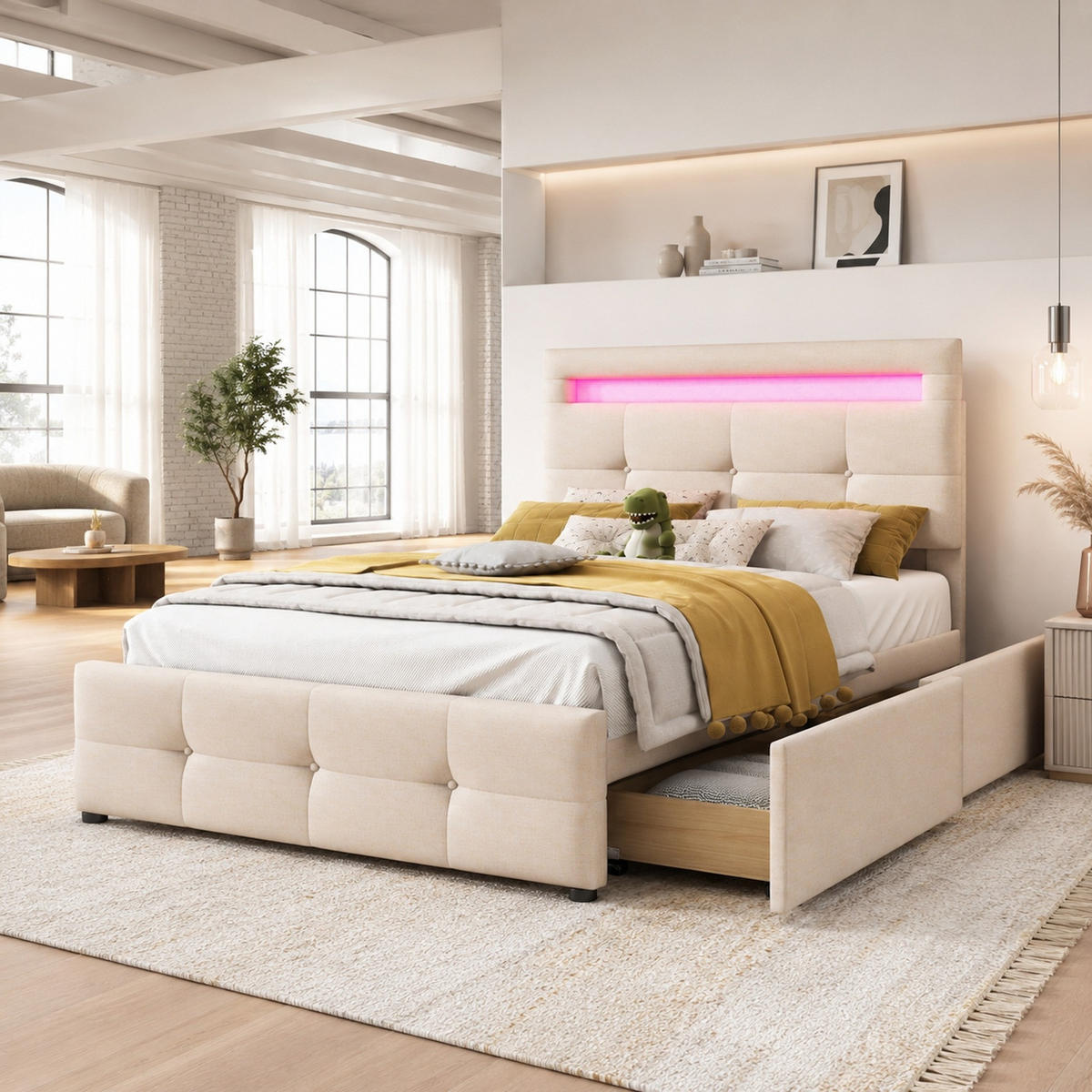 POLSTERBETT 90/200 mit LED-Beleuchtung, 2 Schubladen, Lattenrost und Leinenpolsterung in Beige - Beige, Holzwerkstoff/Textil (90/200cm) - EVRYAE