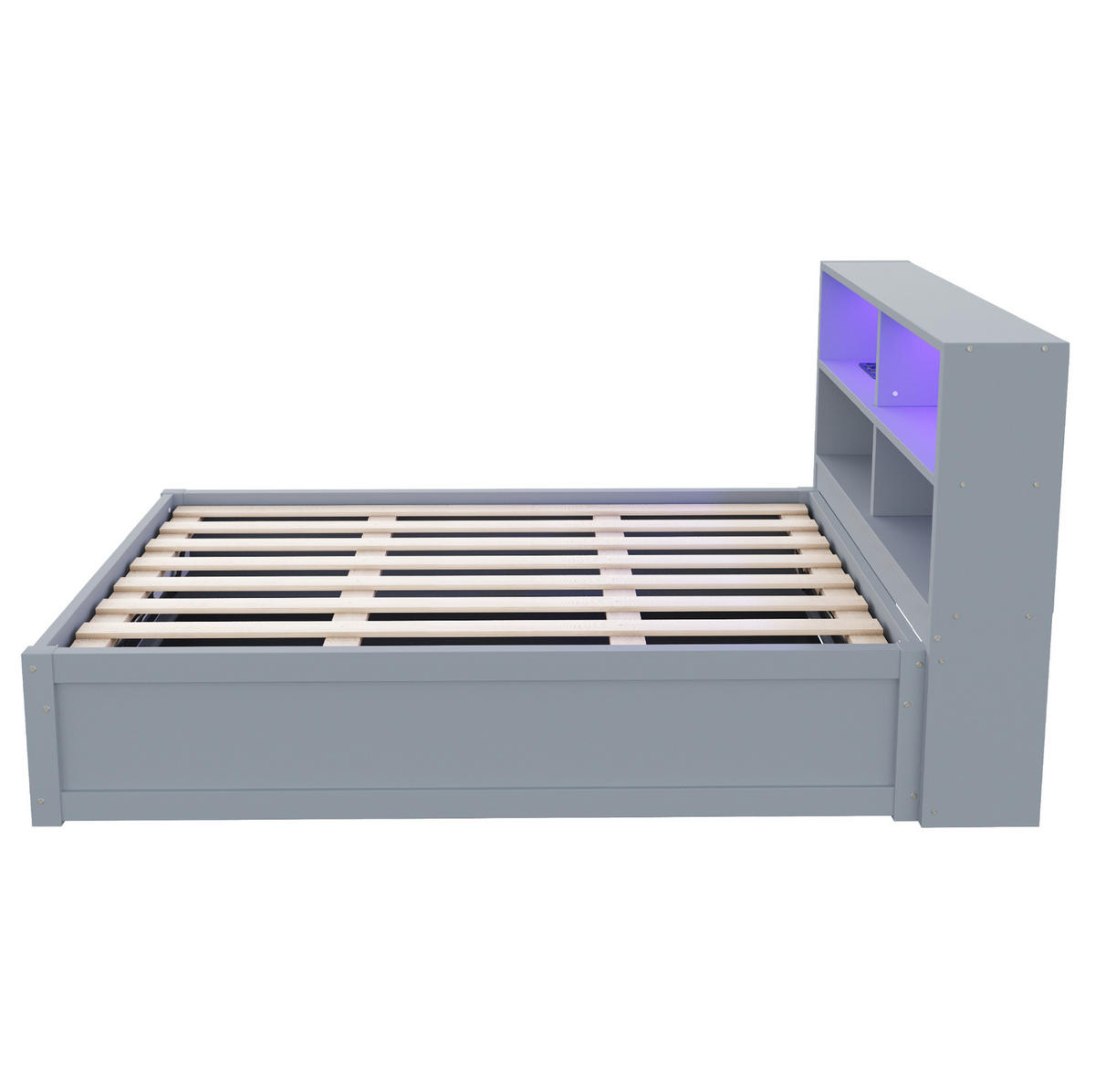 BETT 90/200 cm Grau mit Stauraum, LED-Beleuchtung und Steckdose - Grau, Holz (90/200cm) - Flora Grace