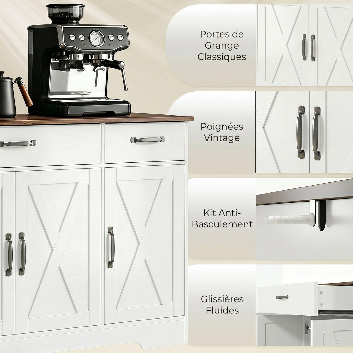 SIDEBOARD DE-11298 Landhausstil, 4 Scheunentüren Weiß - Weiß, Holzwerkstoff (140/81/40cm) - ComfortXL