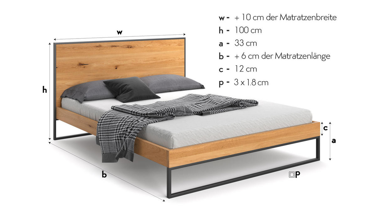 MASSIVHOLZBETT Frame aus Eiche 200x220 cm - Eichefarben/Schwarz, Holz/Metall (200/220cm) - Danzz