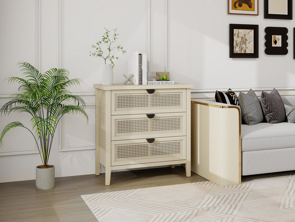 KOMMODE mit 3 Schubladen, Naturholzoptik & Rattan Fronten - Beige, Holzwerkstoff (80/80/40cm) - Urban Meuble