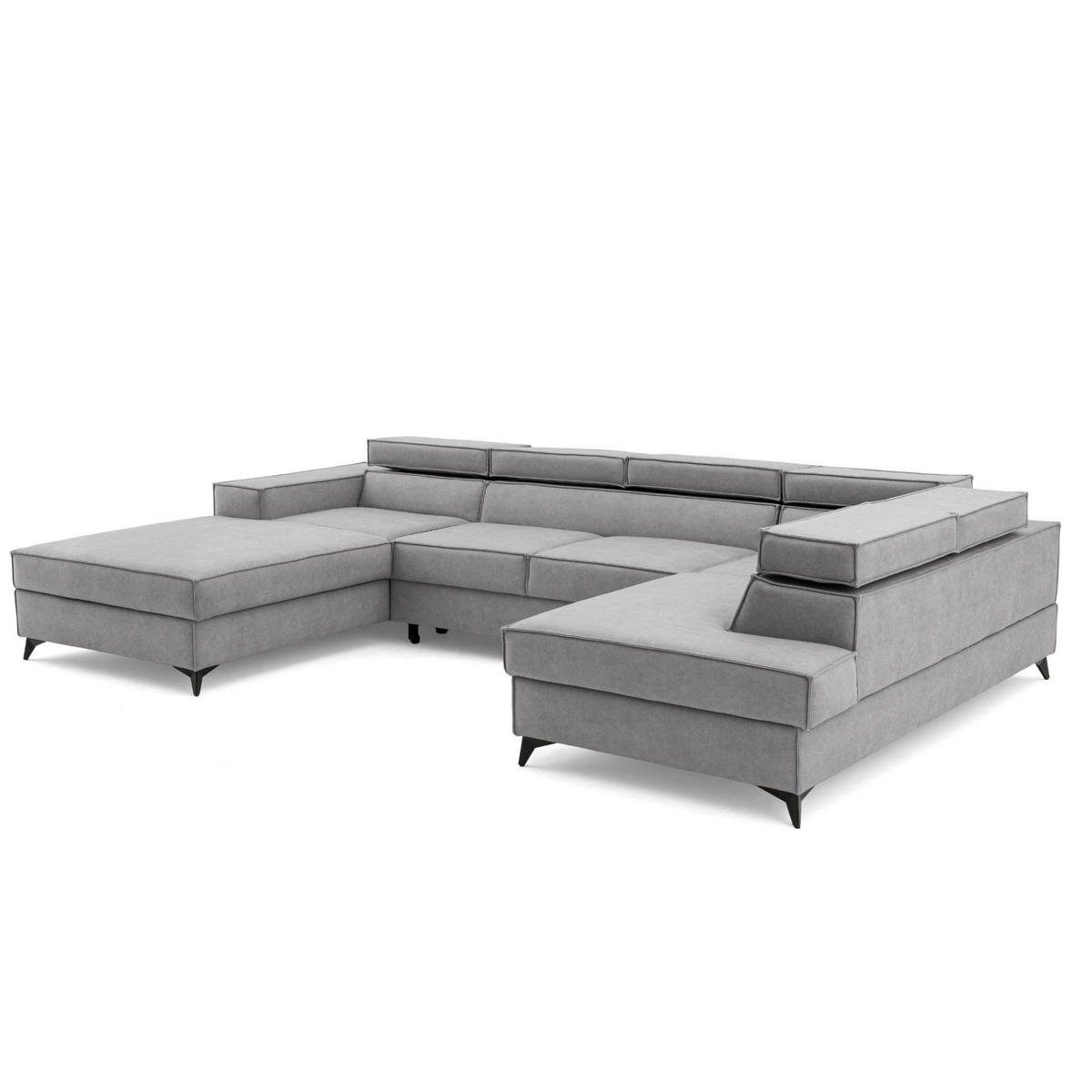 ECKSOFA PURE U Rechts mit Schlaffunktion 127x270 Velours Hellgrau - Hellgrau/Schwarz, Holz/Textil (204/340cm) - Muffo