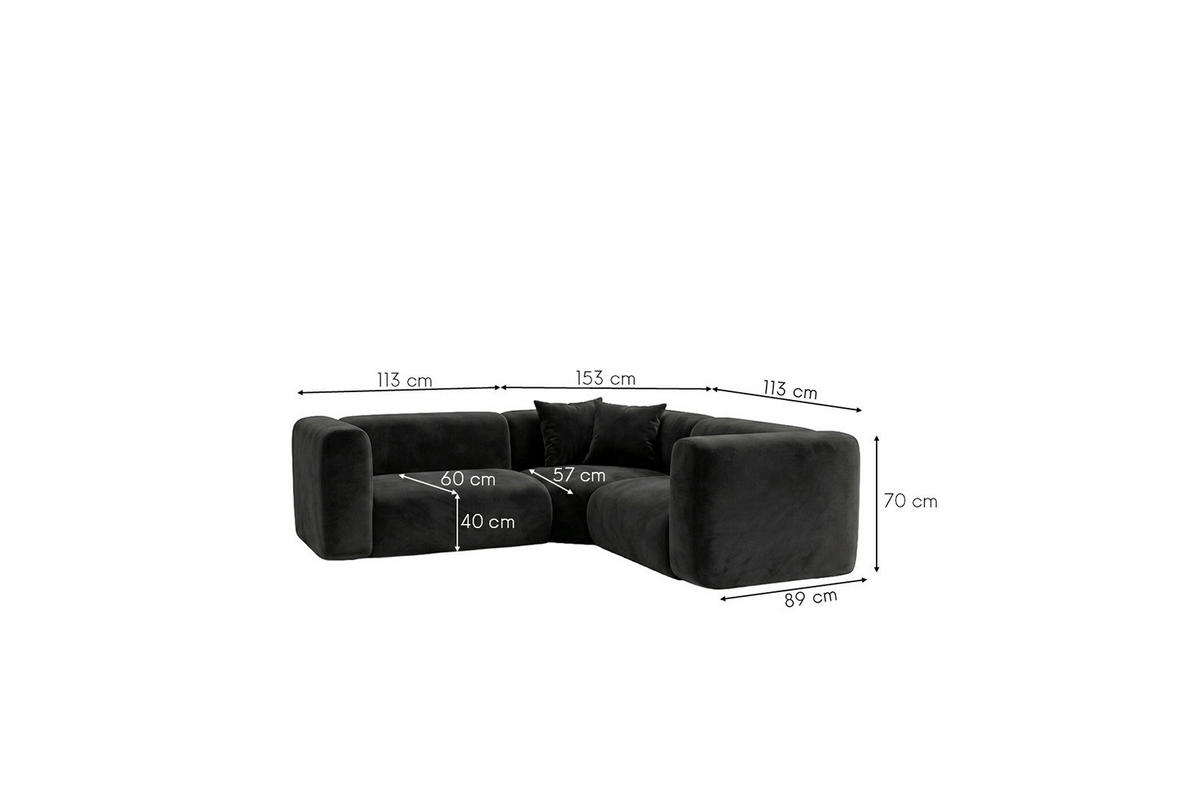 ECKSOFA Modulares, Corner Mini, Velvet-Stoff Bluvel, Schwarz, GRETA - Schwarz, Holz (190/190cm) - Kaiser Möbel