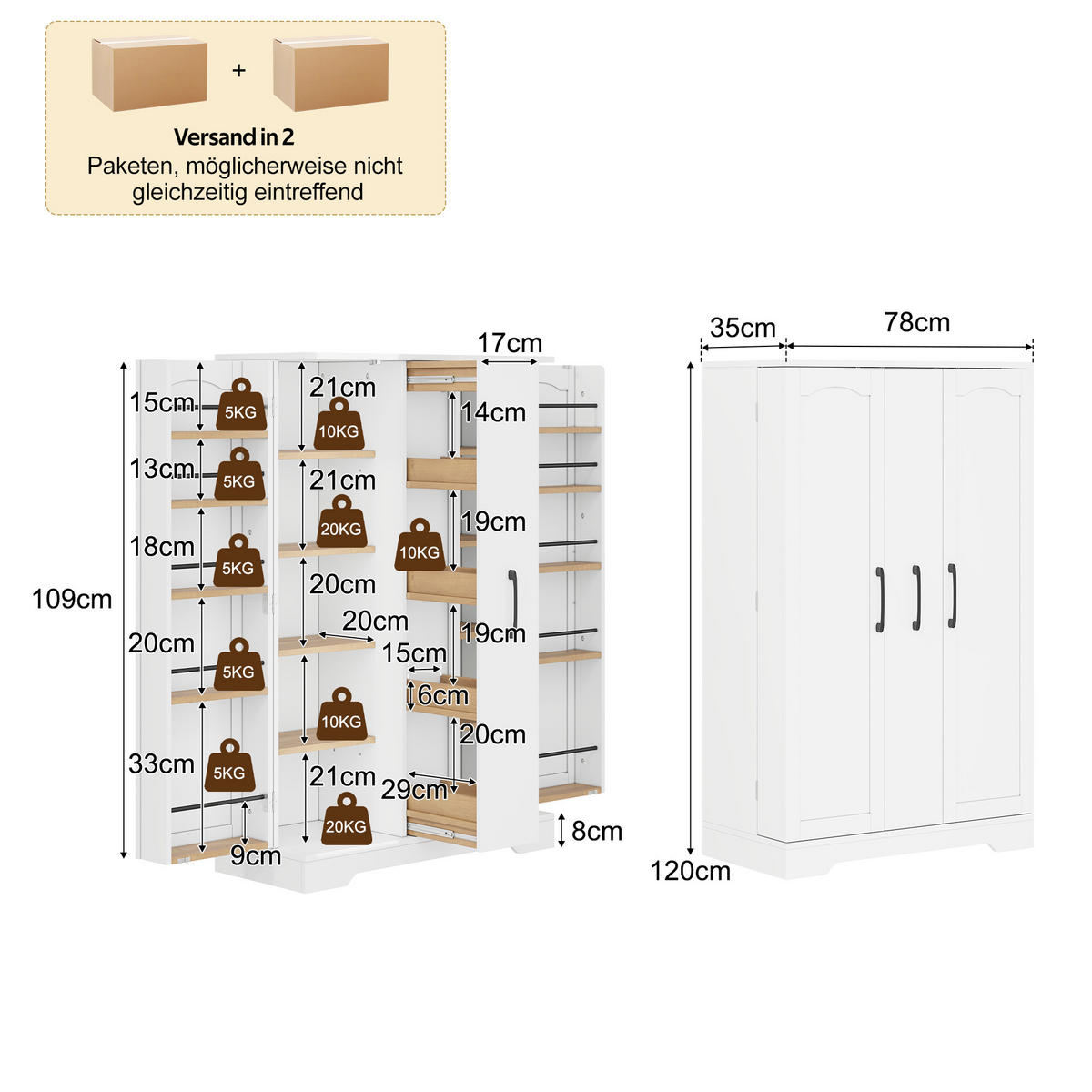 MEHRZWECKSCHRANK DE-38691 120/78/35 cm Gewürzregal und 4-stufiger Auszug Weiß - Weiß, Holzwerkstoff (78/120/35cm) - ComfortXL