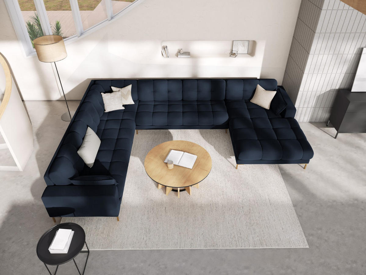 PANORAMASOFA links Mamaia aus Samt dunkelblau 7 Sitzplätze - Blau, Textil (256/75/327cm) - Micadoni