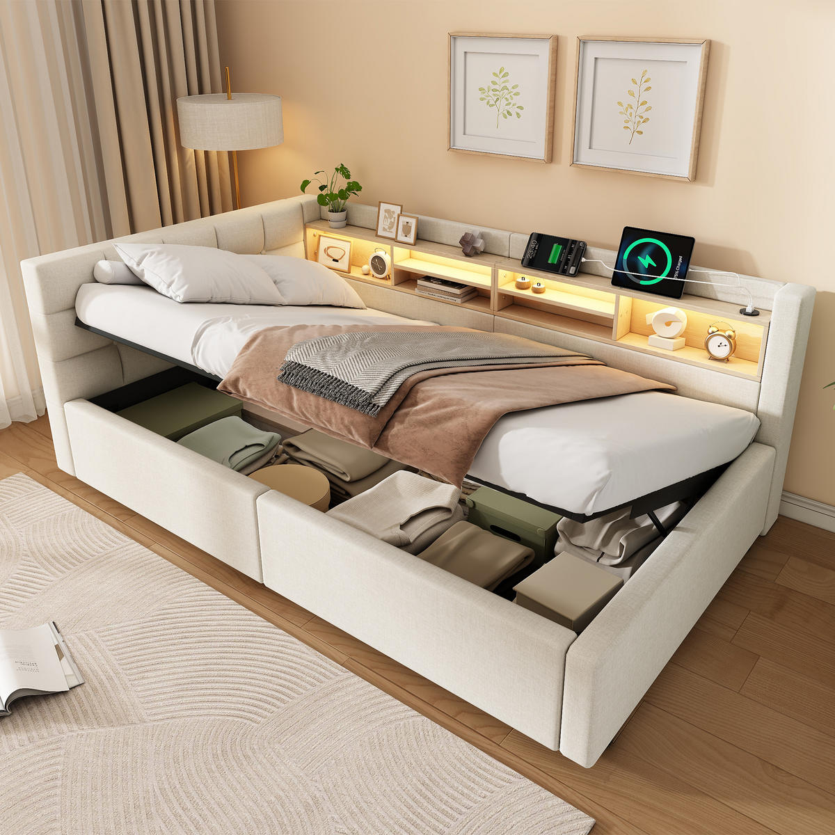 TAGESBETT 90x200cm Schlafsofa Hydraulik LED USB Beige - Beige, Naturmaterialien (90/200cm) - FLIEKS