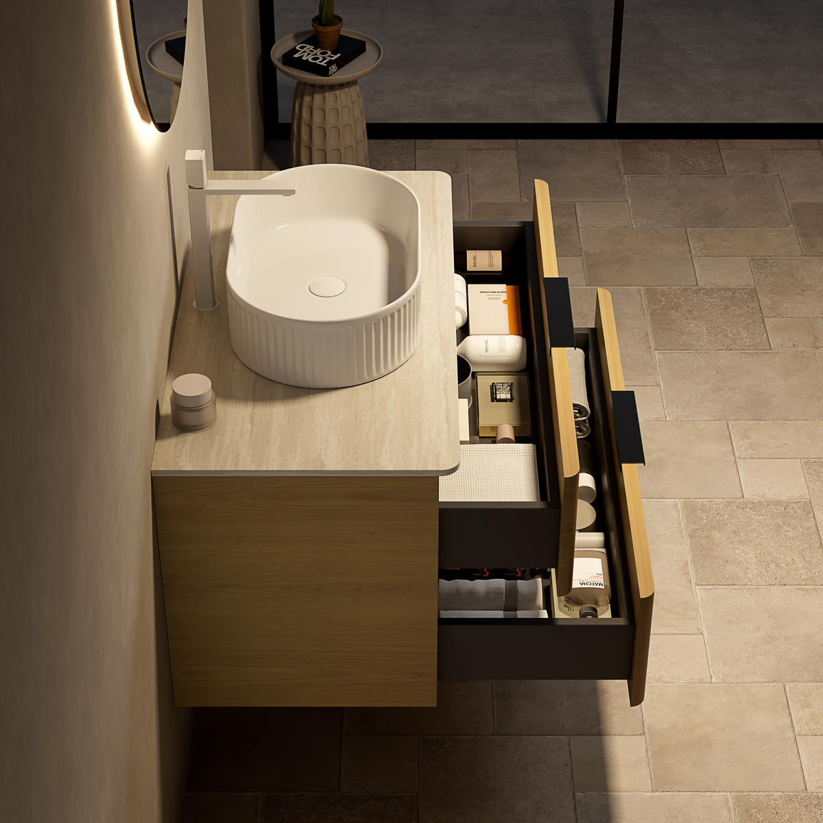 WASCHTISCHKOMBI 90x46x62.2cm Beige/Eiche/Weiß mit ovalem Keramikbecken & Travertin-Arbeitsplatte - Eichefarben, Keramik (90/62.2/46cm) - Modfu