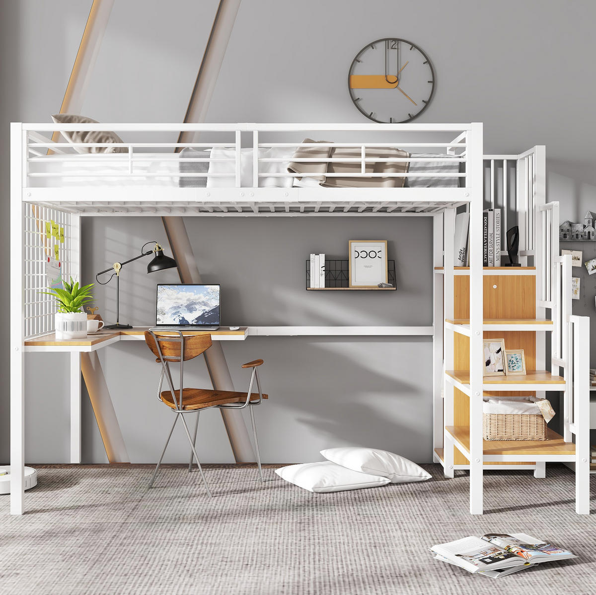 HOCHBETT 90/200 cm Weiß/Natur aus Eisen und Spanplatte mit Kleiderschrank und Tisch - Weiß, Holzwerkstoff (90/200cm) - OKMYHOME