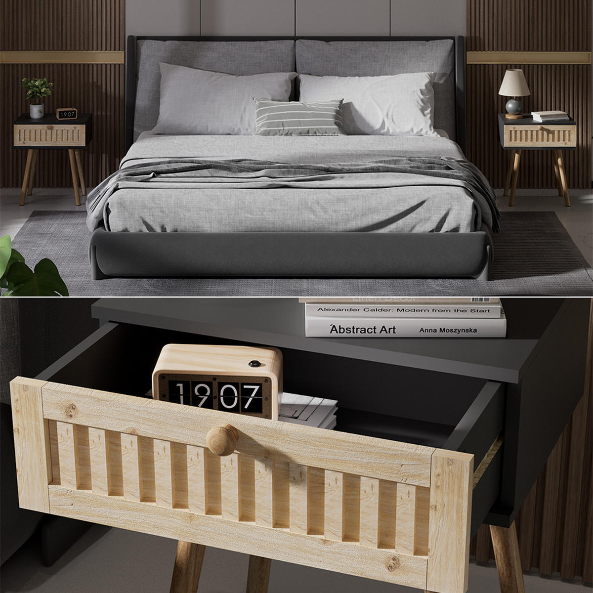 NACHTTISCH Holk Anthrazit/Kiefer 40 x 47 cm 2-er Set - Anthrazit/Kieferfarben, Holzwerkstoff (40/47/30cm) - Vicco