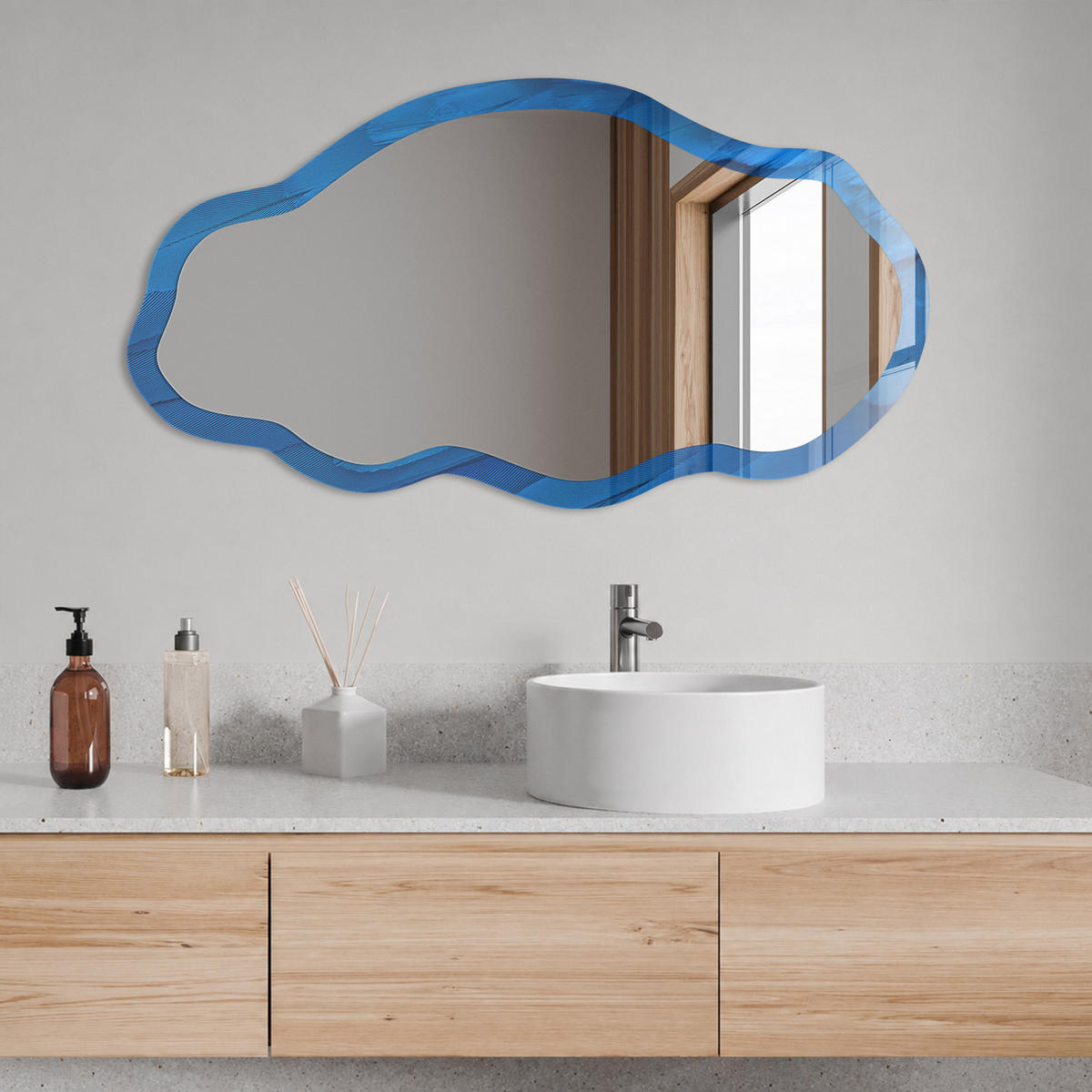 SPIEGEL 90x45 cm asymmetrisch mit Druck - Blaue Federn - Transparent, Glas (45/90/0.4cm) - TULUP