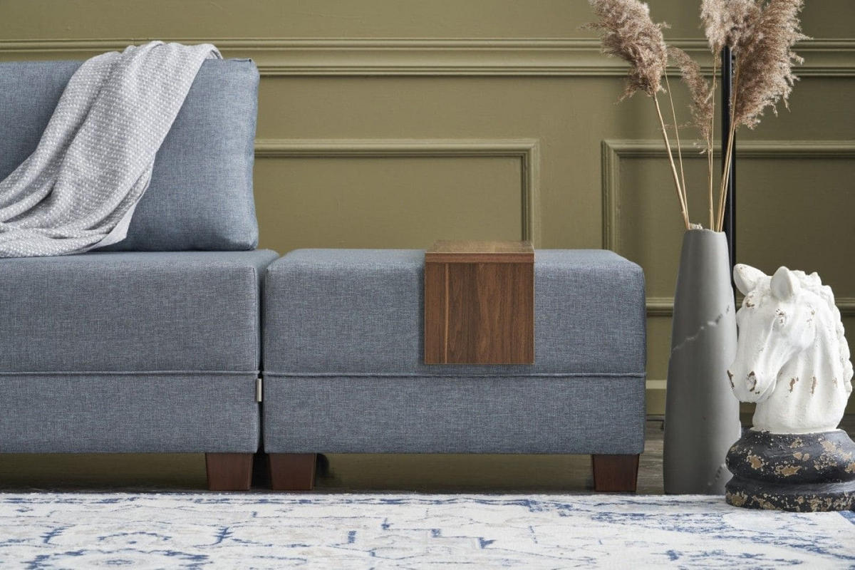 ECKSOFA mit rollbarer Schlaffunktion - Blau/Walnussfarben, Holz/Textil (280/210cm) - myHomelando