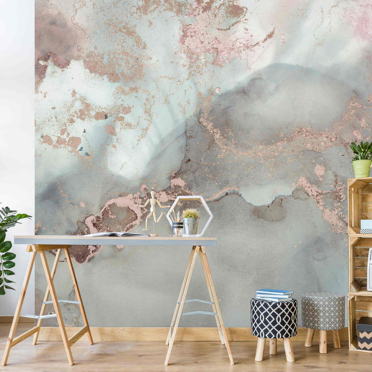 FOTOTAPETE Farbexperimente Marmor Pastell und Gold 240/240 cm - Pastellblau, Papier (240/240cm) - Bilderwelten