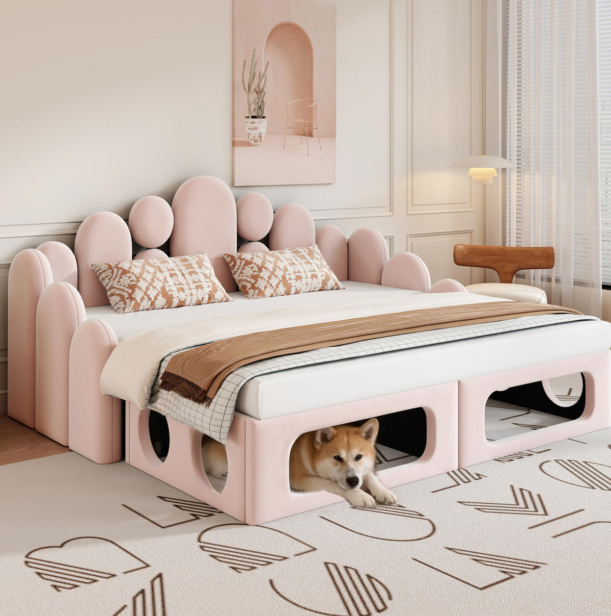 POLSTERBETT 180/200 cm Rosa aus Samt mit Haustierbett - Rosa, Textil (180/200cm) - OKMYHOME