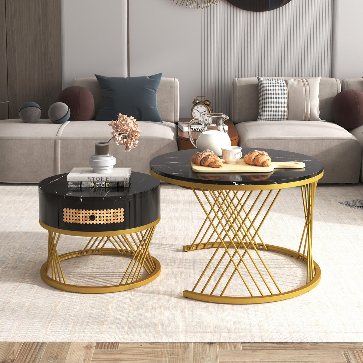 COUCHTISCHSET 2er-Set Rund Schwarz - Schwarz, Holzwerkstoff/Metall (70/70/45.5cm) - Urban Meuble