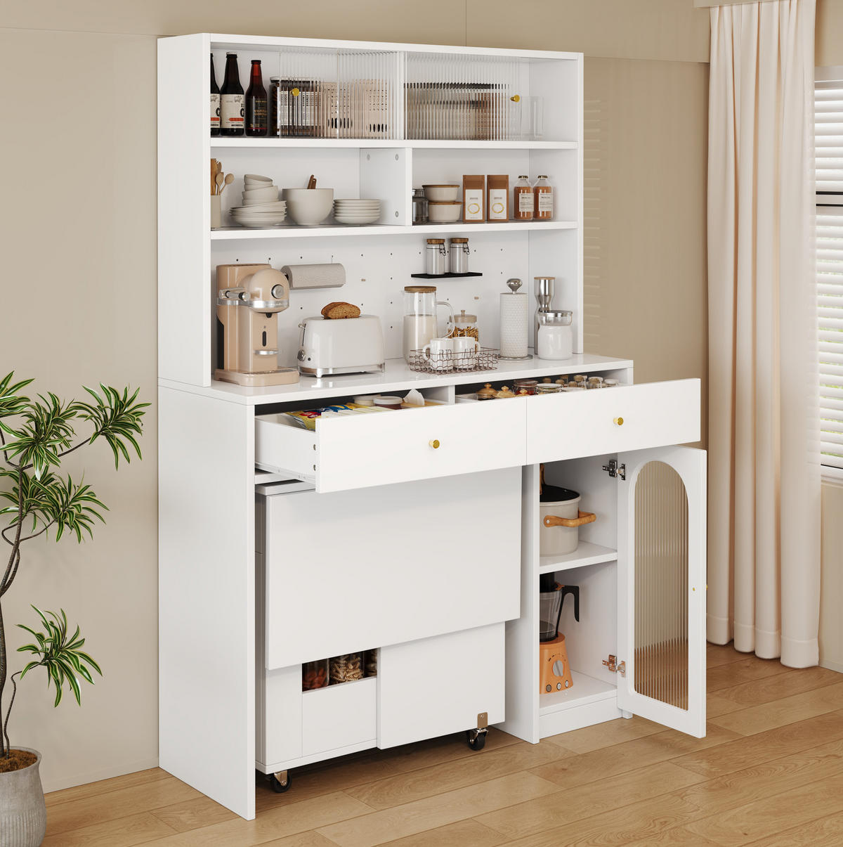BUFFETSCHRANK 120/45/180 cm mit Arbeitsfläche, 2 Schubladen, Hakenleiste und offenem Stauraum aus MDF, Weiß - Weiß, Holzwerkstoff (120/180/45cm) - Redom