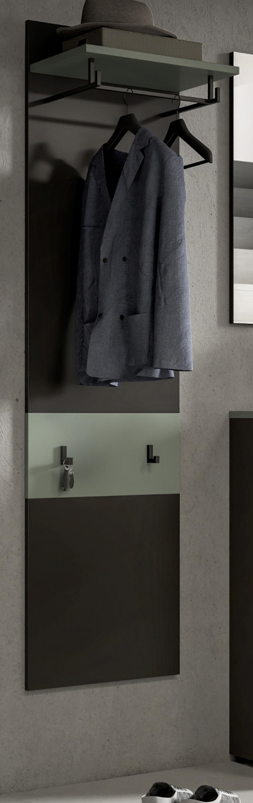 GARDEROBENPANEEL Grau und Salbei, Wandgarderobe 45 x 165 cm, Cooper - Dunkelgrau/Salbeigrün, Holzwerkstoff (45/165/29cm) - Inn.Furn