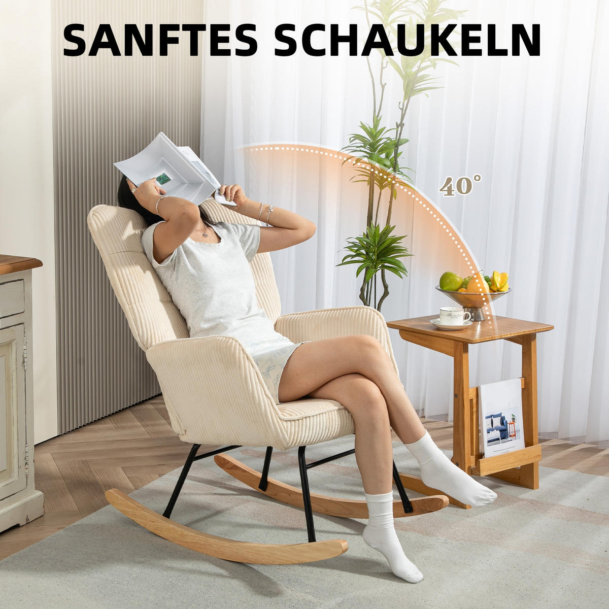 SCHAUKELSTUHL Beige mit Armlehne und Holzkufen - Beige, Textil (98/101/71cm) - Oxeza