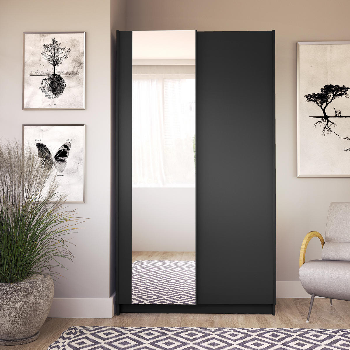 SCHIEBETÜRENSCHRANK SORVIA 07 - 100×182×54,6 cm 2-Türig Schwarz - Schwarz, Holz/Holzwerkstoff (100/182/54.6cm) - Milaros Markt