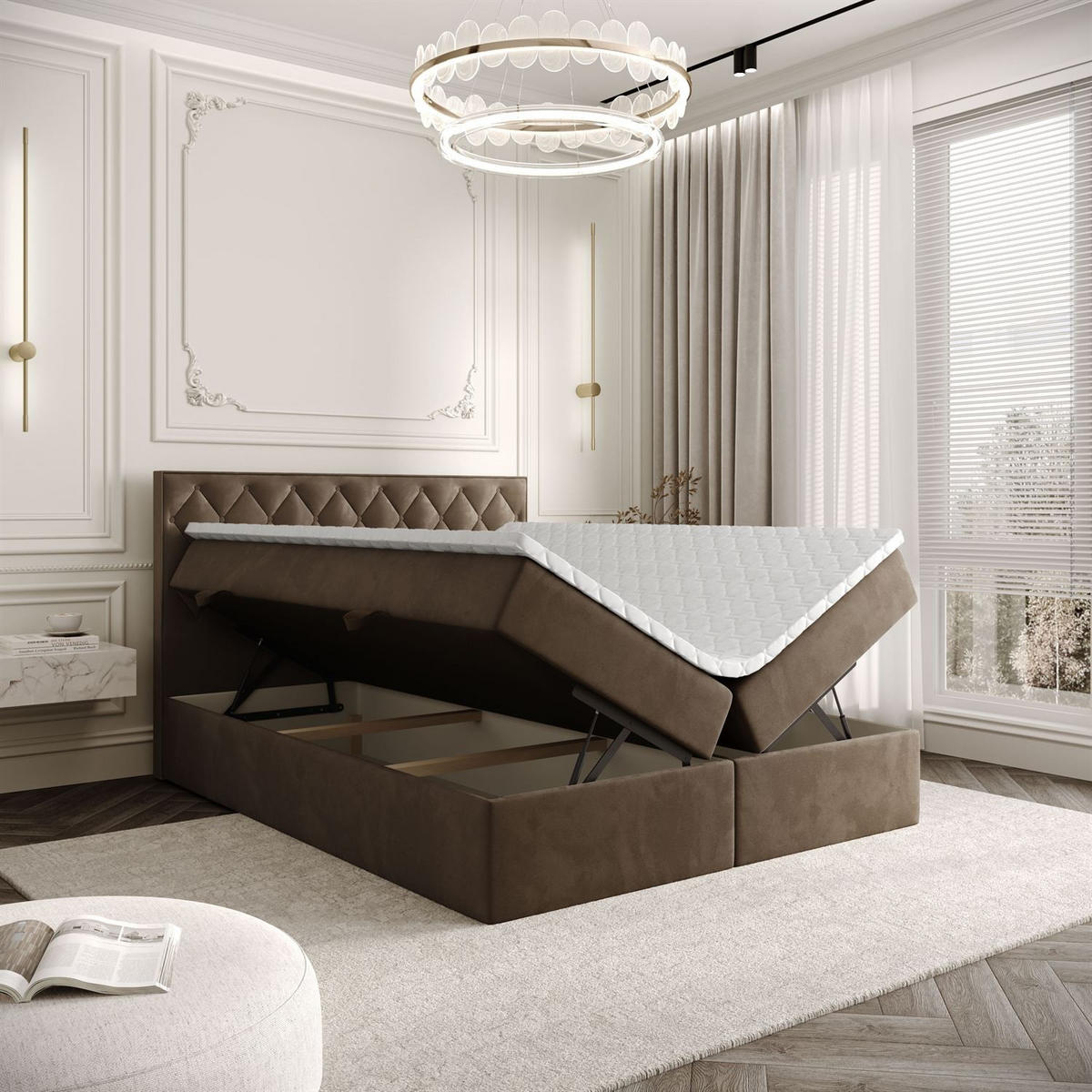 BOXBETT INEZ mit Bettkasten mit Topper 140x200 cm Royal Velvet 196 - Braun, Textil - Lookway