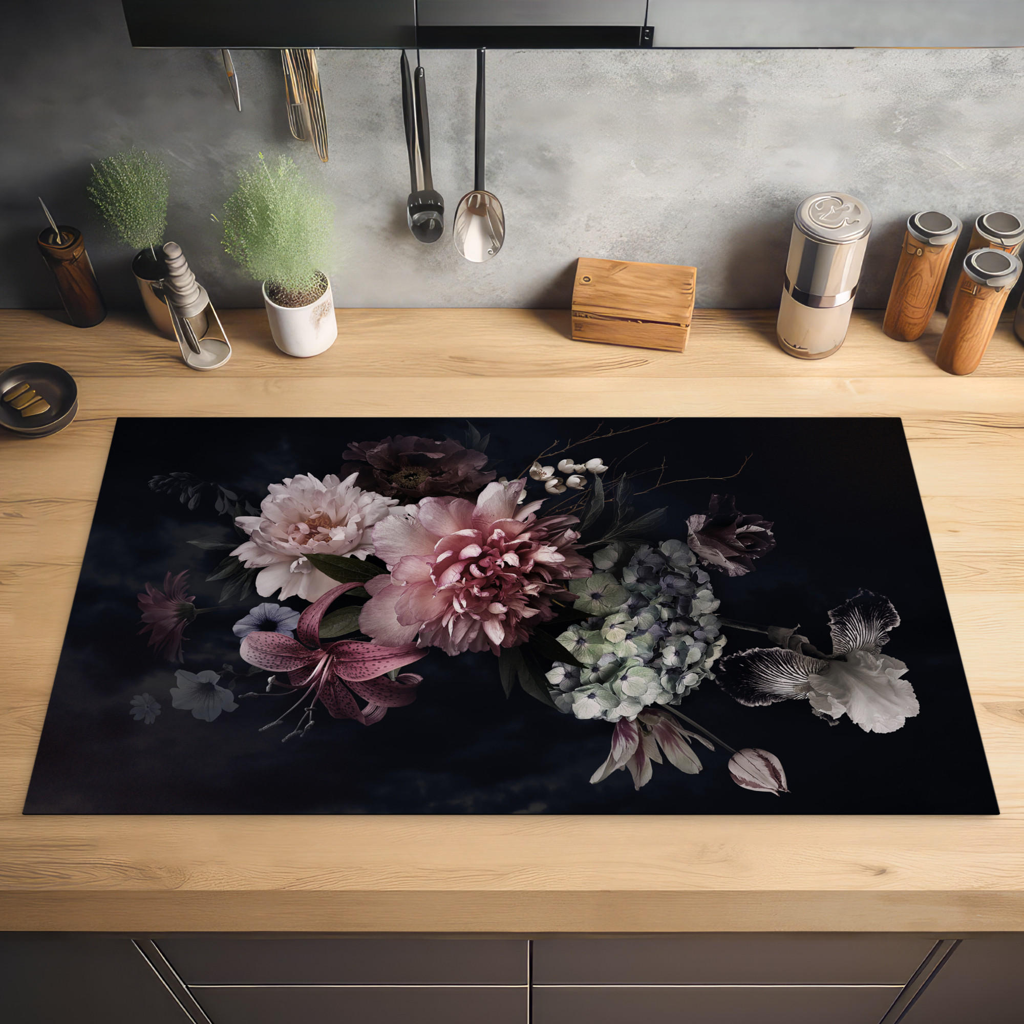 HERDABDECKPLATTE Blumen - Vintage - Pastell - Rosa - Weiß 90x52 cm - Altrosa, Kunststoff (90/0.2/52cm) - MuchoWow