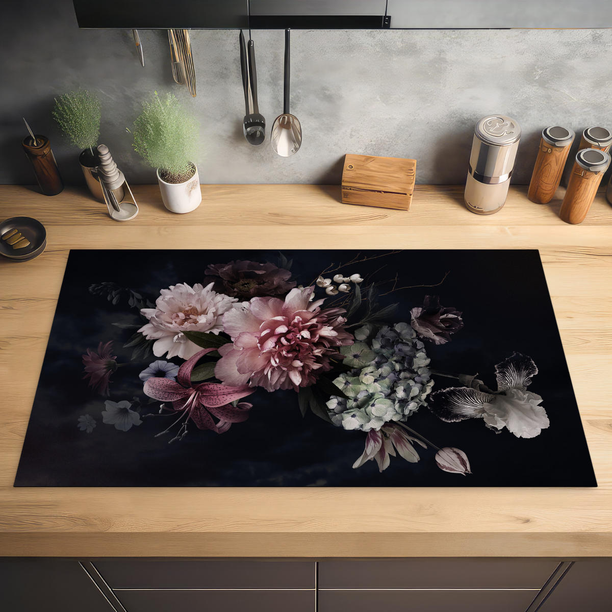 HERDABDECKPLATTE Blumen - Vintage - Pastell - Rosa - Weiß 89x51 cm - Altrosa, Kunststoff (89.6/0.2/51.6cm) - MuchoWow