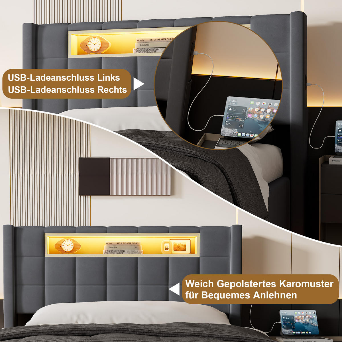 ČALÚNENÁ posteľ 90/200 cm tmavosivá s LED a USB-C - tmavosivá, textil (90/200cm) - Flora Grace