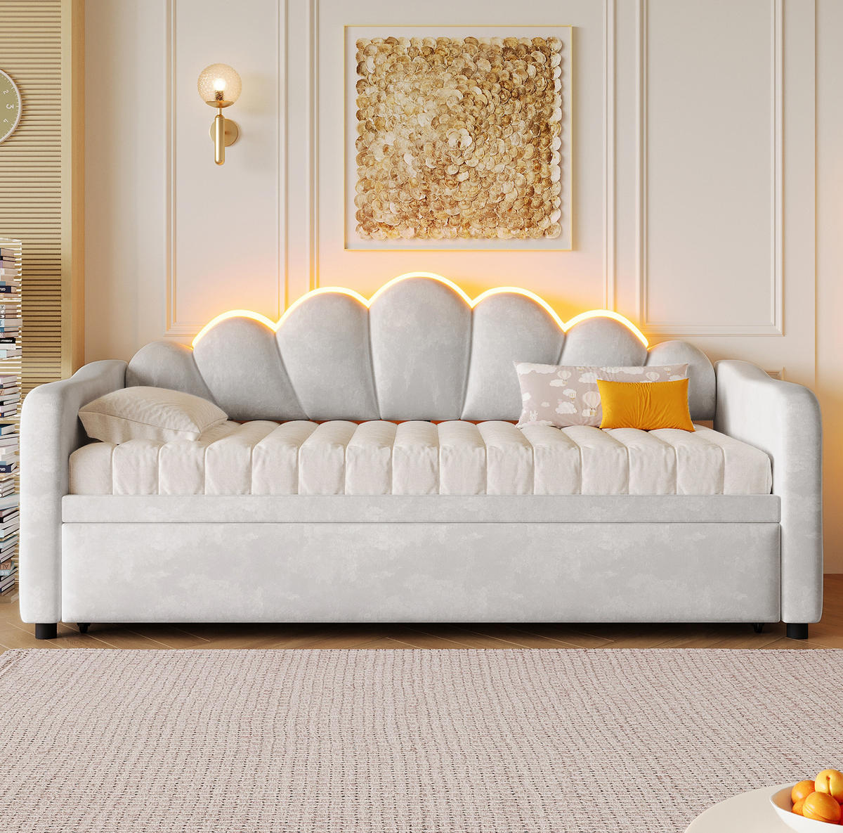 DENNÁ posteľ 90/200 cm sivá s výsuvným lôžkom a LED osvetlením z MDF, preglejky a zamatu - sivá, textil (90/200cm) - OKWISH