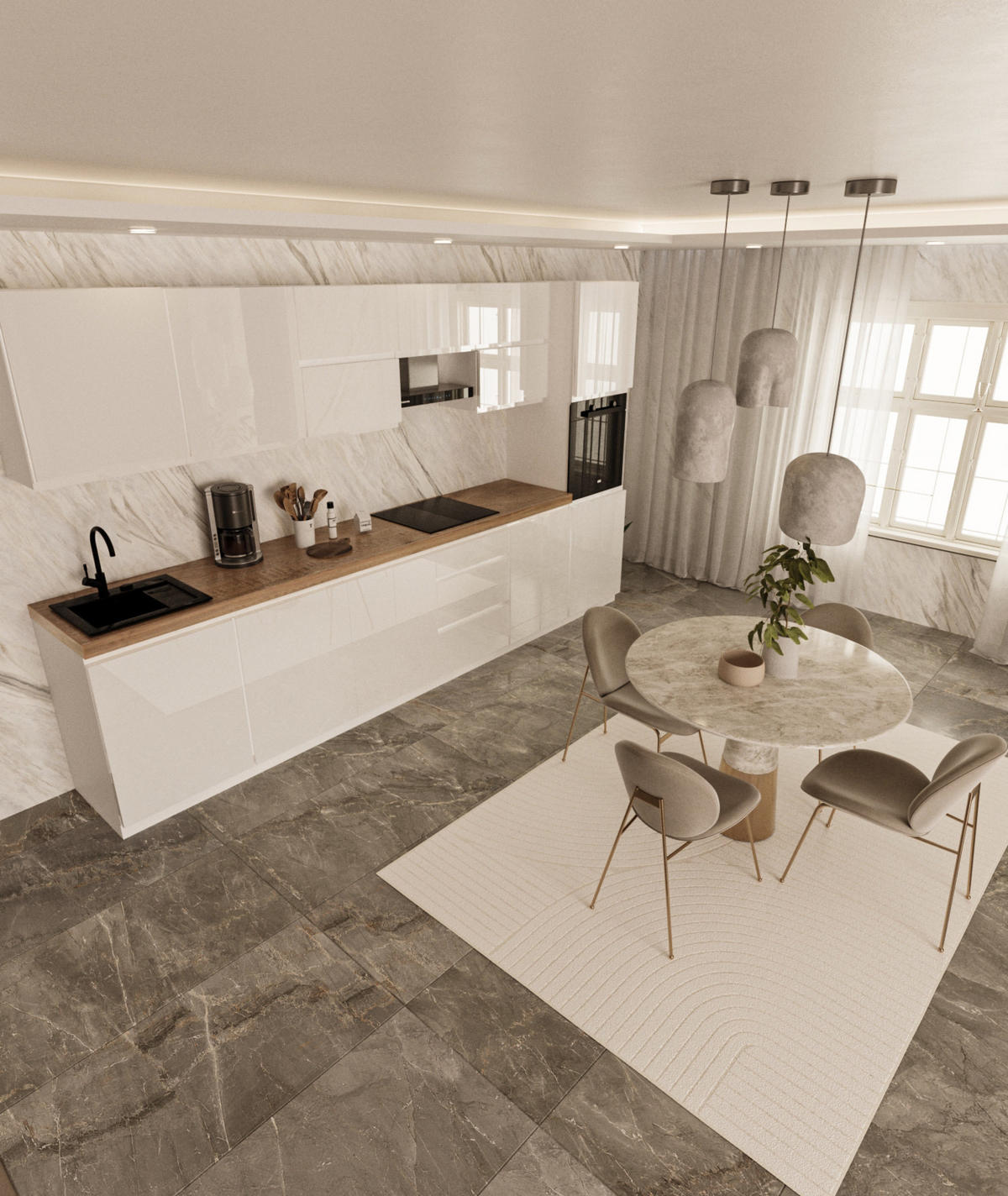 KÜCHENZEILE 340 cm - Aspen KA13-M340- in Weiß/Hochglanz - Weiß Hochglanz, Holz (340/212/58cm)