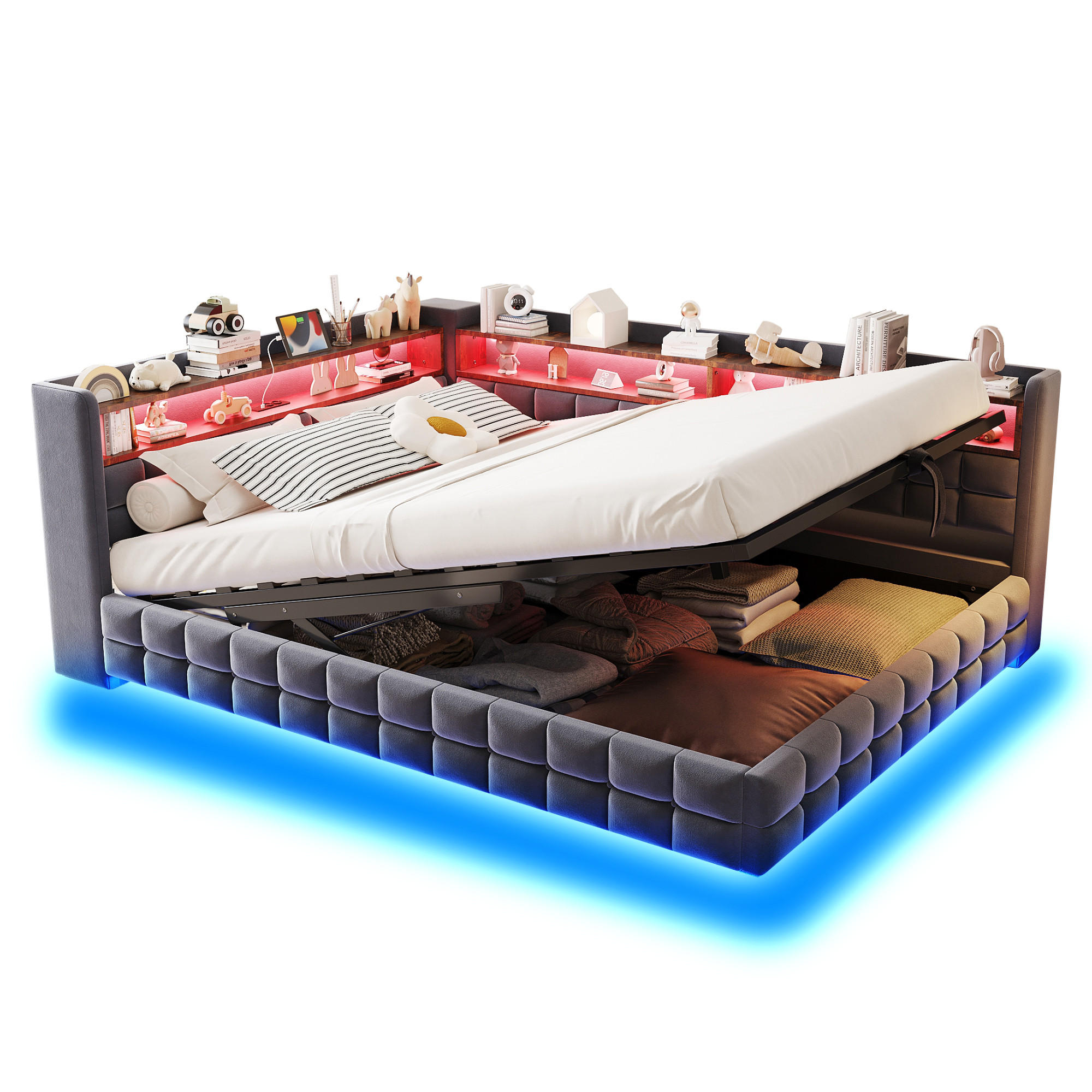 POLSTERBETT Dunkelgrau 140×200cm mit hydraulischem Stauraum, Holzregal, LED-Lichtleiste und Ladeanschlüssen - Dunkelgrau, Textil (140/200cm) - Luhomfu