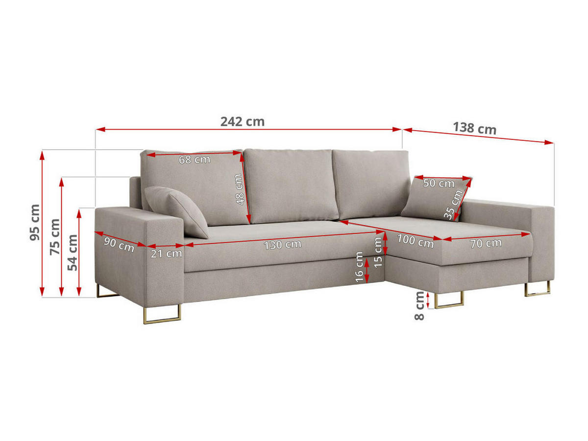 ECKSOFA Dorian Velvet Beige - Ecru/Goldfarben, Textil/Metall (242/138cm) - MKS