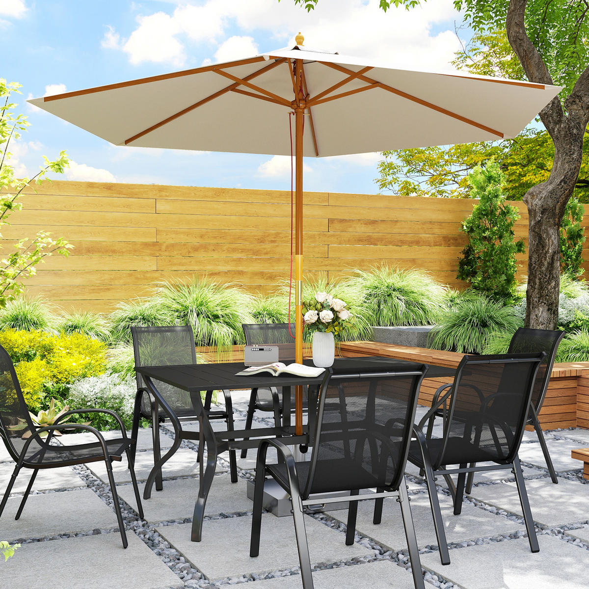 GARTENTISCH DE-07368 mit Schirmloch und Lamellen-Design für 6 Personen Schwarz - Schwarz, Metall (150/90/73cm) - ComfortXL