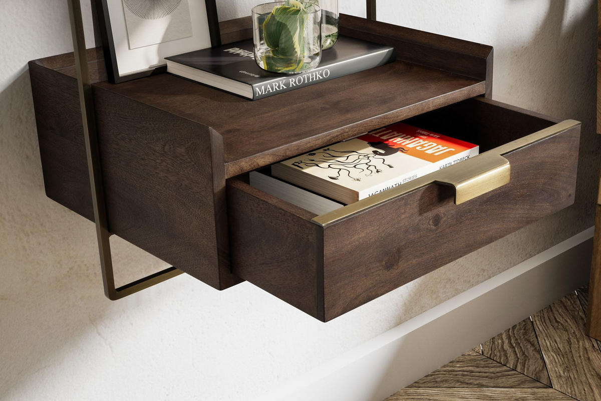 NACHTTISCH Mango Massivholz Wandmontage Schublade Boxspringbett, Braun 44x35x45 cm - Goldfarben/Braun, Holz/Metall (44/45/35cm) - KADIMA DESIGN