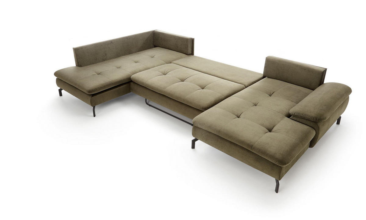 WOHNLANDSCHAFT VOLO Grün Plüsch-Stoff mit Schlaffunktion - Grün, Holz (347/82/205cm) - MASSENO