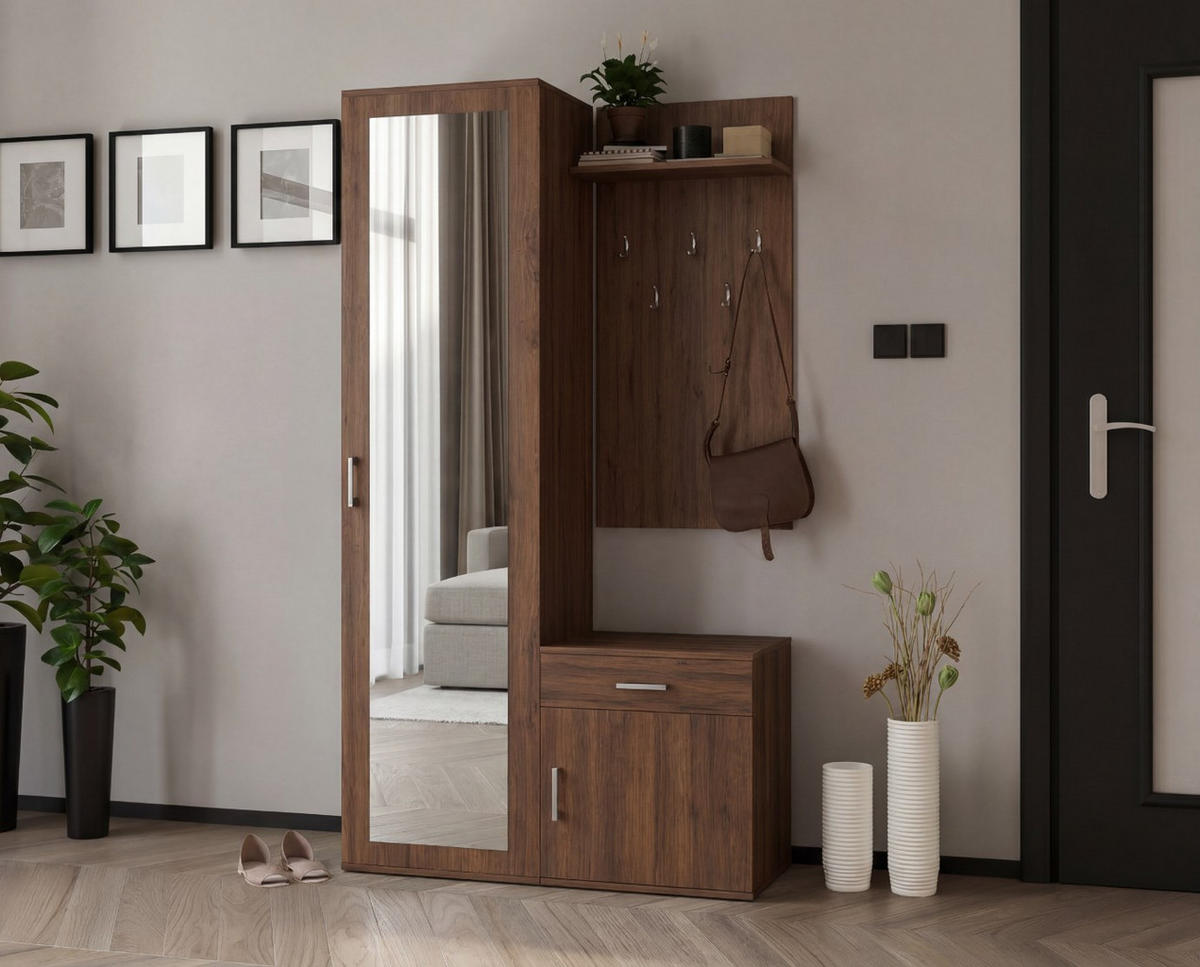 GARDEROBE Patricia 100 cm mit Spiegel, mit Schuhschrank und Schublade, Nuss Warmia - Dunkelbraun, Kunststoff (100/181/35cm) - Margaret Hadas24