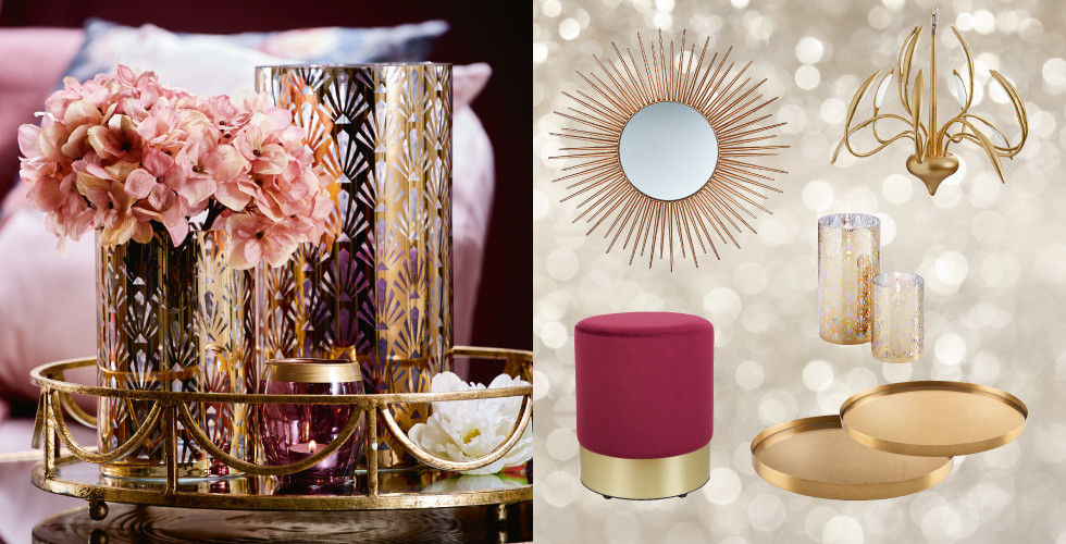 Glanzstücke Dekoration Blumen Rosa Gold Beige Spiegel Hocker Lampe