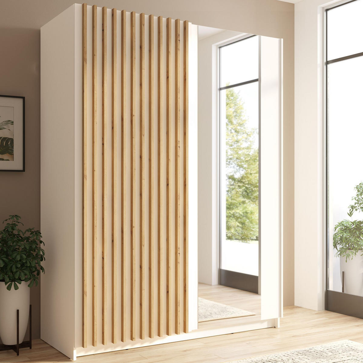 SCHIEBETÜRENSCHRANK CASTARI Weiß / Artisan Eiche - Weiß/Eiche Artisan, Holzwerkstoff (150.6/198.5/62cm) - KONSIMO®