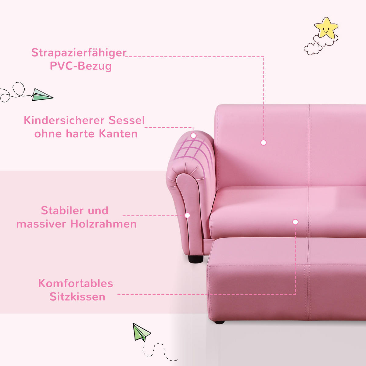 KINDERSESSEL, Rosa, Holz, PVC - Rosa, Holz (42/41/83cm) - HOMCOM