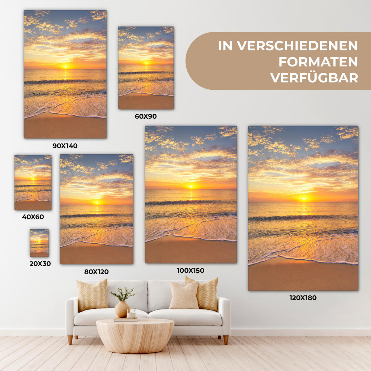 LEINWANDBILD Strand - Sonnenuntergang - Meer 80x120 cm - Gelb, Textil (80/120cm) - MuchoWow