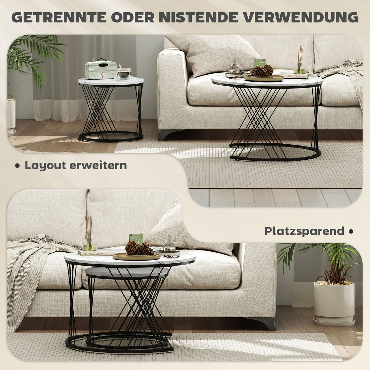 COUCHTISCHE im 2er-Set, Marmoroptik, Spanplatte, Metall, runde Kaffeetische für Wohnzimmer, ineinanderstellbar, Weiß - Weiß, Holzwerkstoff (70/70/46.5cm)
