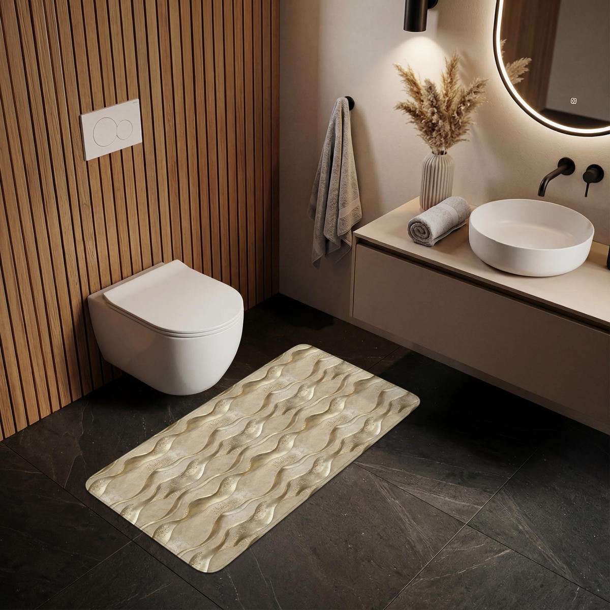 WC PŘEDLOŽKA Vlny - vzor - zlaté 120x60 cm - barva mosazi, textil/plast (120/1cm) - OnlyWow