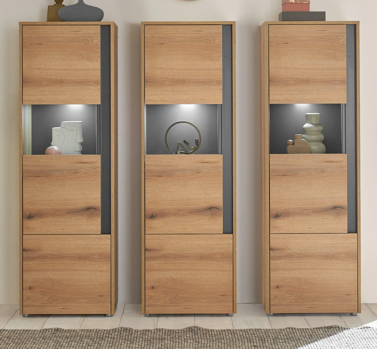 SCHRANK-SET 3-teilig Evoke Eiche, grau, Wohnkombination mit 3 x Vitrine - Eichefarben/Grau, Holz/Holzwerkstoff (190/155/40cm) - Furn.Design